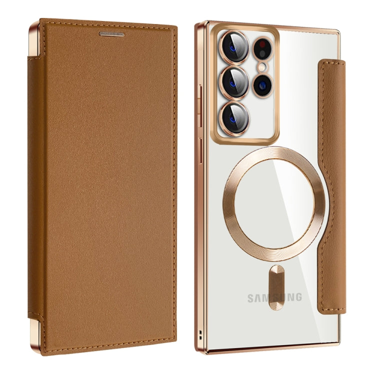 For Samsung Galaxy S22 Ultra 5G Shield MagSafe RFID Anti-theft Leather Phone Case(Brown) - free shipping - PMC TechLife - Order now!