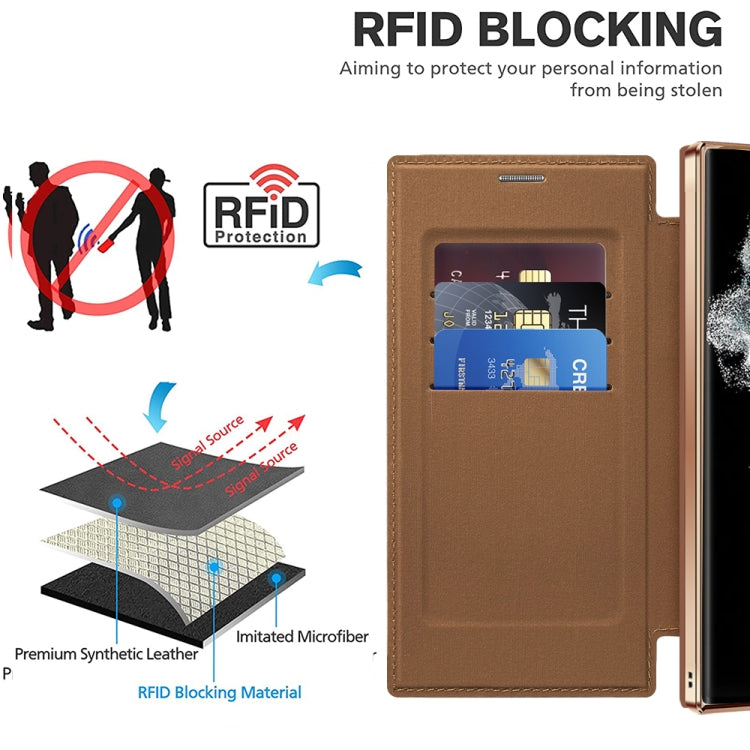 For Samsung Galaxy S22 Ultra 5G Shield MagSafe RFID Anti-theft Leather Phone Case(Brown) - free shipping - PMC TechLife - Order now!