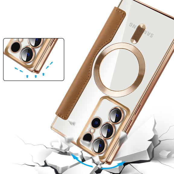 For Samsung Galaxy S22 Ultra 5G Shield MagSafe RFID Anti-theft Leather Phone Case(Brown)