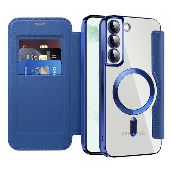 For Samsung Galaxy S22+ 5G Shield MagSafe RFID Anti-theft Leather Phone Case(Dark Blue)