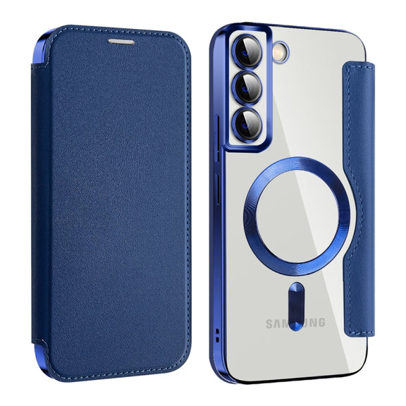 For Samsung Galaxy S22+ 5G Shield MagSafe RFID Anti-theft Leather Phone Case(Dark Blue)