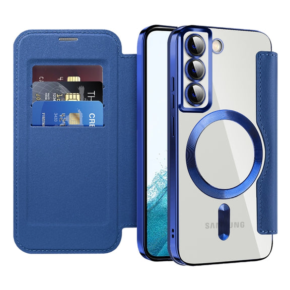 For Samsung Galaxy S22+ 5G MagSafe Magnetic RFID Anti-theft Leather Phone Case(Dark Blue)
