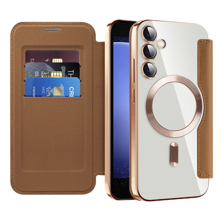 For Samsung Galaxy S23 FE 5G Shield MagSafe RFID Anti-theft Leather Phone Case(Brown)
