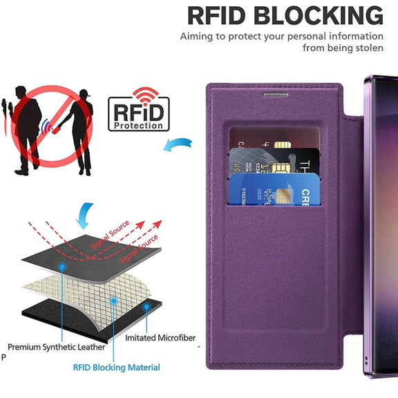 For Samsung Galaxy S25 Ultra 5G Shield MagSafe RFID Anti-theft Leather Phone Case(Purple)