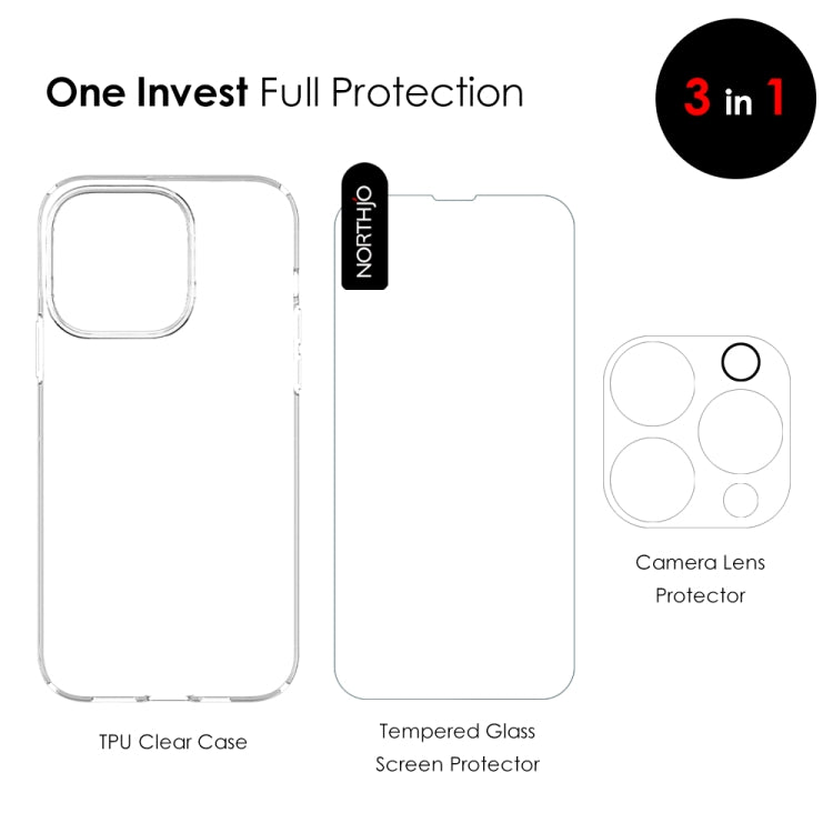 For iPhone 15 Pro NORTHJO 3 in 1 TPU Phone Case with Screen Film and Lens Film(Clear) - free shipping - PMC TechLife - Order now!