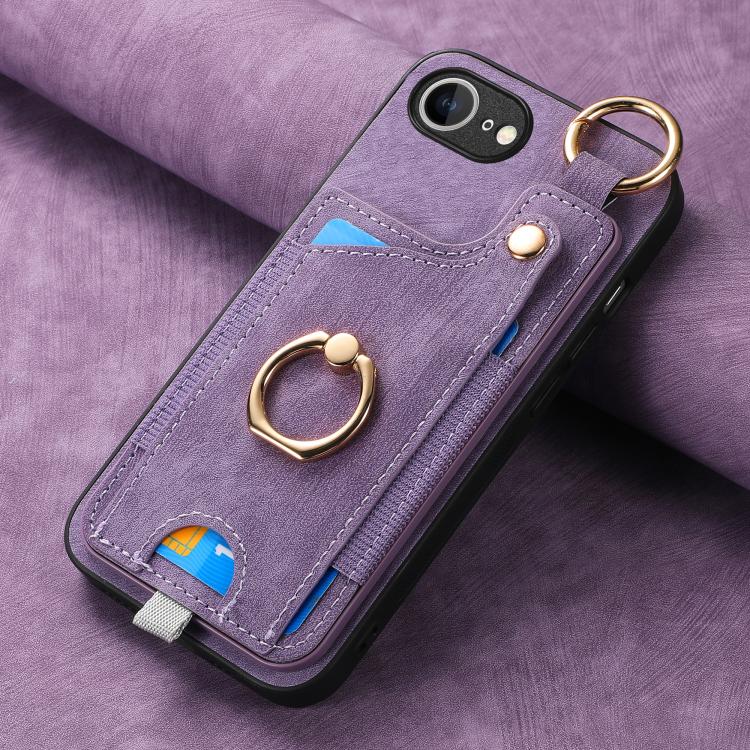 For iPhone 16e Retro Skin-feel Ring Card Bag Phone Case with Hang Loop(Purple) - iPhone 16e Cases by PMC TechLife | Online Shopping South Africa | PMC TechLife | Buy Now Pay Later Mobicred