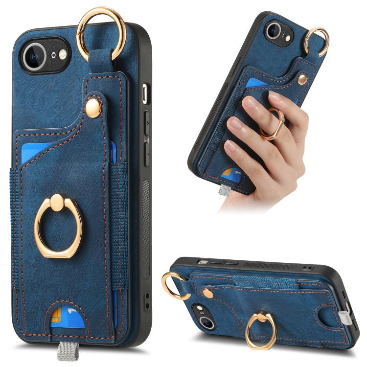 For iPhone 16e Retro Skin-feel Ring Card Bag Phone Case with Hang Loop(Blue) - iPhone 16e Cases by PMC TechLife | Online Shopping South Africa | PMC TechLife | Buy Now Pay Later Mobicred