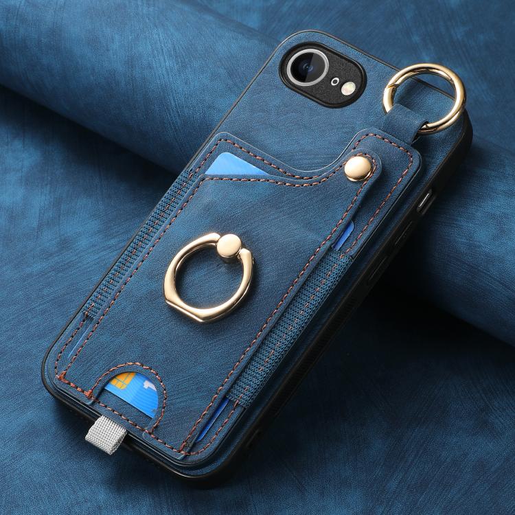 For iPhone 16e Retro Skin-feel Ring Card Bag Phone Case with Hang Loop(Blue) - iPhone 16e Cases by PMC TechLife | Online Shopping South Africa | PMC TechLife | Buy Now Pay Later Mobicred