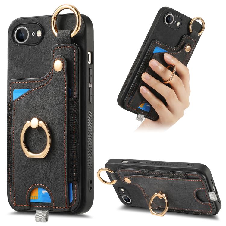 For iPhone 16e Retro Skin-feel Ring Card Bag Phone Case with Hang Loop(Black) - iPhone 16e Cases by PMC TechLife | Online Shopping South Africa | PMC TechLife | Buy Now Pay Later Mobicred