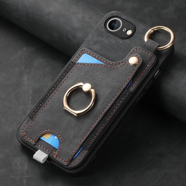 For iPhone 16e Retro Skin-feel Ring Card Bag Phone Case with Hang Loop(Black) - iPhone 16e Cases by PMC TechLife | Online Shopping South Africa | PMC TechLife | Buy Now Pay Later Mobicred