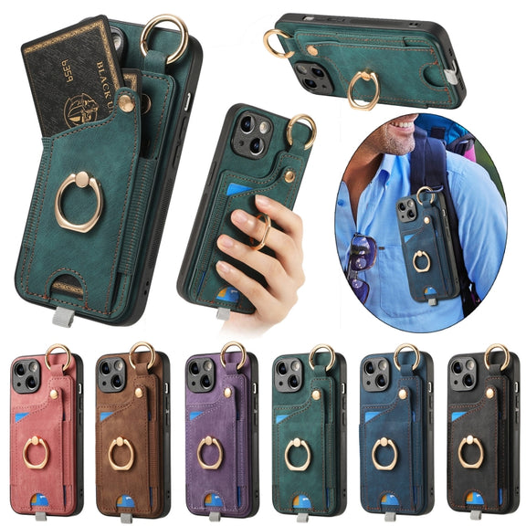 For iPhone 16e Retro Skin-feel Ring Card Bag Phone Case with Hang Loop(Green)