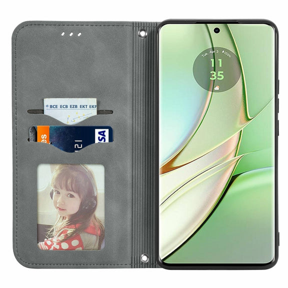For Motorola Edge 2024 Retro Skin Feel Magnetic Flip Leather Phone Case(Grey)