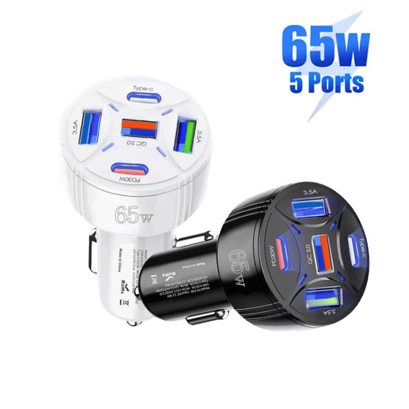 TE-P50 65W PD30W Type-C x 2 + USB x 3 Multi Port Car Charger(White)