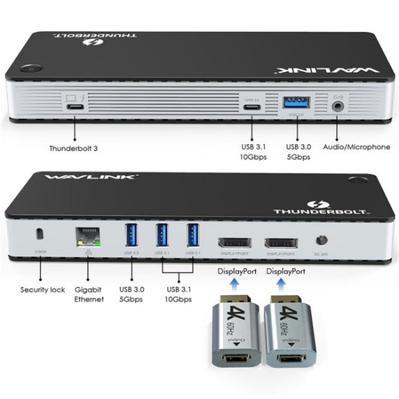 WAVLINK UTD21H 11 in 1 4K Dual DisplayPort Hub Converter Thunderbolt 3 Docking Station, Plug:EU Plug