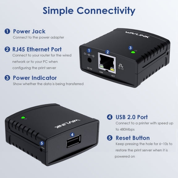 WAVLINK NU72P11 100Mbps Network Print Server USB 2.0 Network Printer Power Adapter(US Plug)