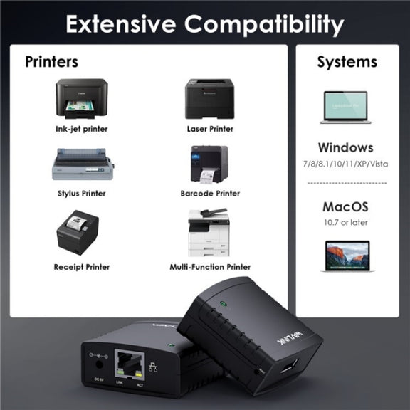 WAVLINK NU72P11 100Mbps Network Print Server USB 2.0 Network Printer Power Adapter(US Plug)