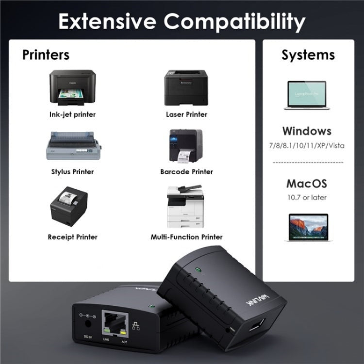 WAVLINK NU72P11 100Mbps Network Print Server USB 2.0 Network Printer Power Adapter(UK Plug)