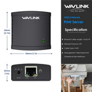 WAVLINK NU72P11 100Mbps Network Print Server USB 2.0 Network Printer Power Adapter(AU Plug)