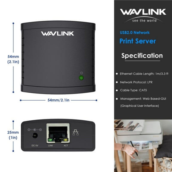WAVLINK NU72P11 100Mbps Network Print Server USB 2.0 Network Printer Power Adapter(AU Plug)