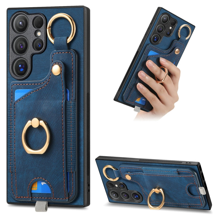 For Samsung Galaxy S24 Ultra 5G Retro Skin-feel Ring Card Bag Phone Case with Hang Loop(Blue) - Galaxy S24 Ultra 5G Cases by PMC TechLife | Online Shopping South Africa | PMC TechLife | Buy Now Pay Later Mobicred