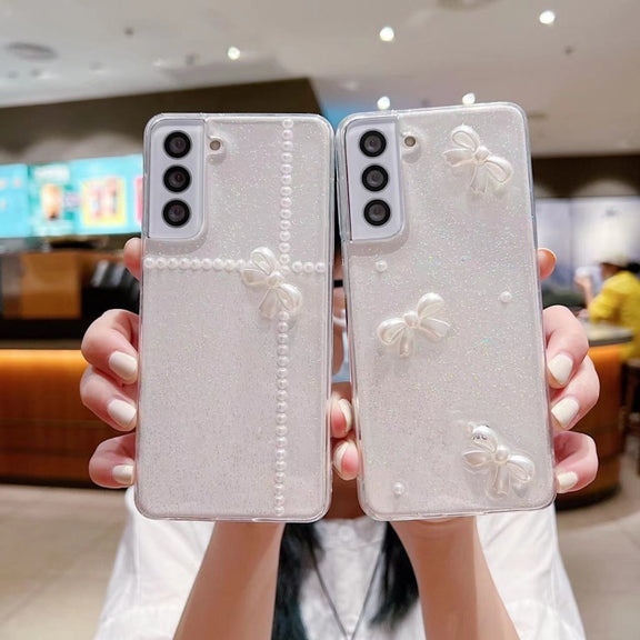 For Samsung Galaxy S25+ 5G Pearl Bow Glitter Epoxy TPU Phone Case(Cross Knots)