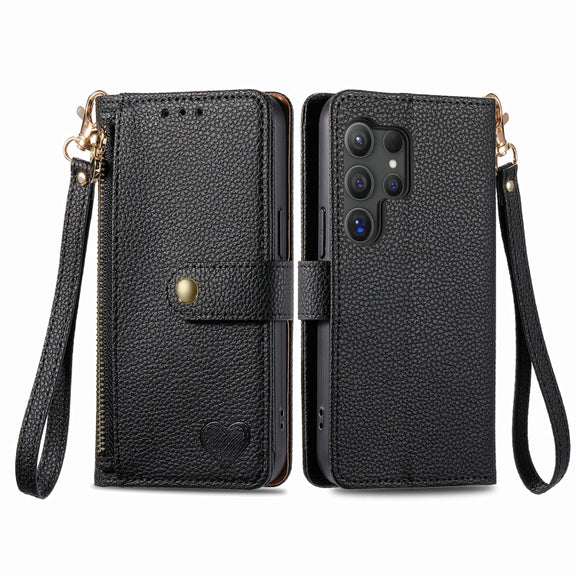 For Samsung Galaxy S24 Ultra 5G Love Zipper Lanyard Leather Phone Case(Black)