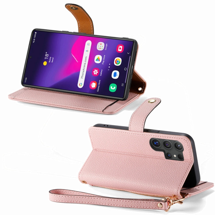 For Samsung Galaxy S24 Ultra 5G Love Zipper Lanyard Leather Phone Case(Pink)