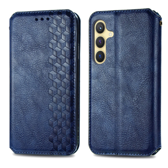 For Samsung Galaxy S25 5G Cubic Grid Pressed Magnetic Leather Phone Case(Blue)