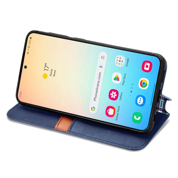 For Samsung Galaxy S25 5G Cubic Grid Pressed Magnetic Leather Phone Case(Blue)