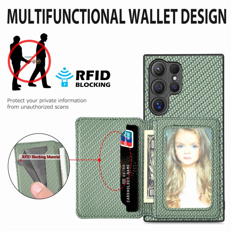 For Samsung Galaxy S25 5G Carbon Fiber Magnetic Card Wallet RFID Blocking Phone Case(Khaki) - free shipping - PMC Jewellery - Order now!