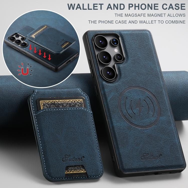 For Samsung Galaxy S25 Ultra 5G Suteni H16 Litchi Texture Leather Detachable Wallet Back Phone Case(Blue)