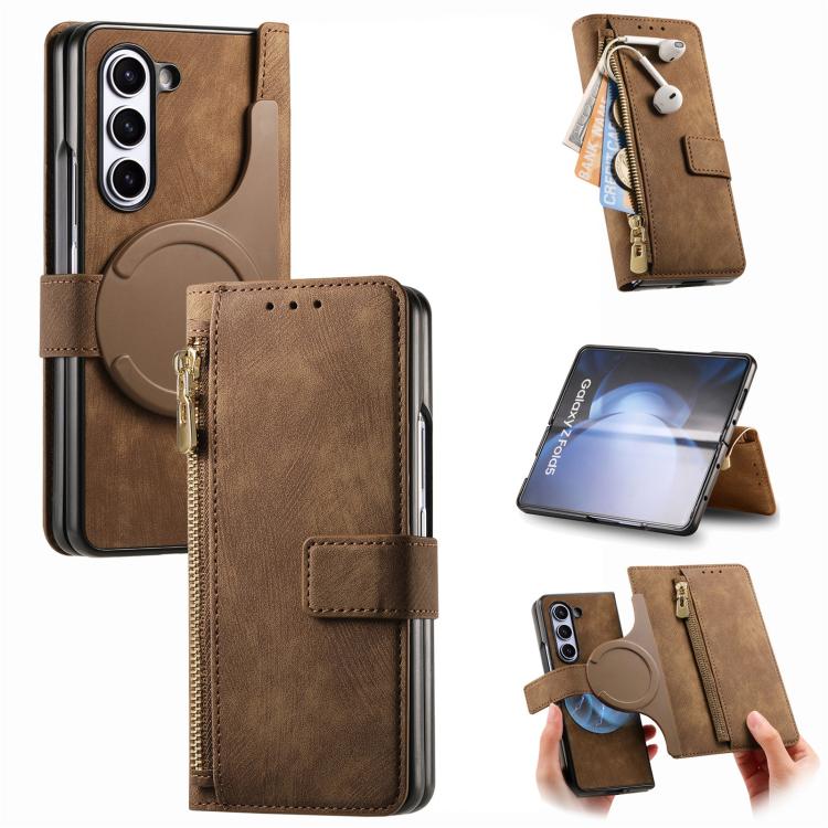 For Samsung Galaxy Z Fold5 5G Retro MagSafe Magnetic Zipper Wallet Leather Phone Case(Brown) - Galaxy Z Fold5 Cases by PMC TechLife | Online Shopping South Africa | PMC TechLife | Buy Now Pay Later Mobicred
