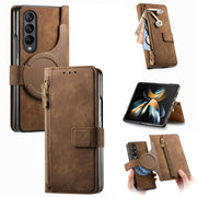 For Samsung Galaxy Z Fold4 Retro MagSafe Magnetic Zipper Wallet Leather Phone Case(Brown)