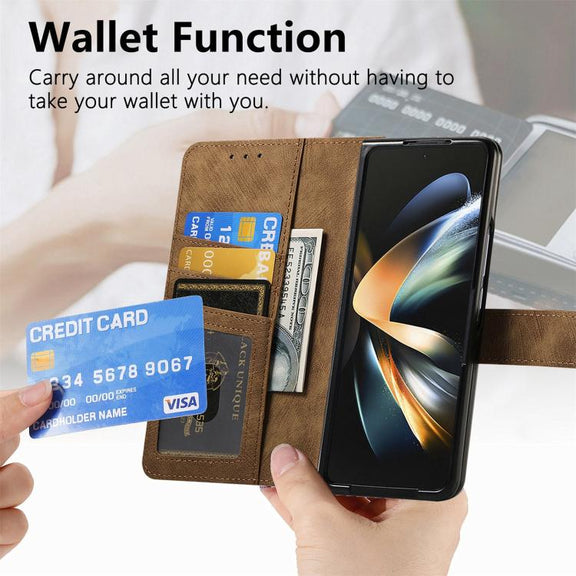 For Samsung Galaxy Z Fold4 Retro MagSafe Magnetic Zipper Wallet Leather Phone Case(Brown)