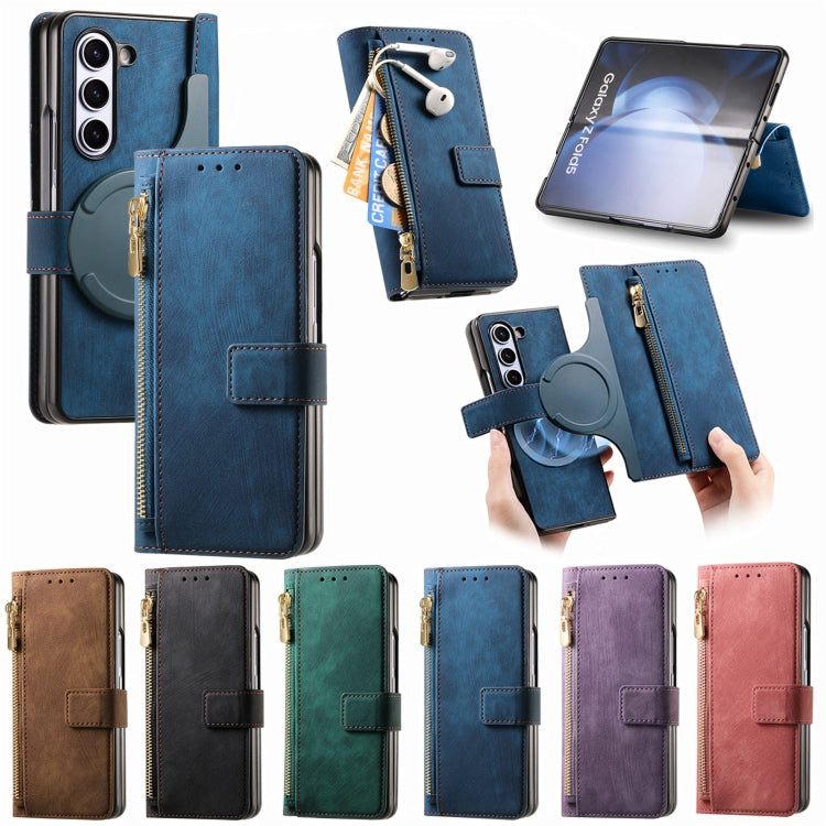 For Samsung Galaxy Z Fold4 Retro MagSafe Magnetic Zipper Wallet Leather Phone Case(Green)