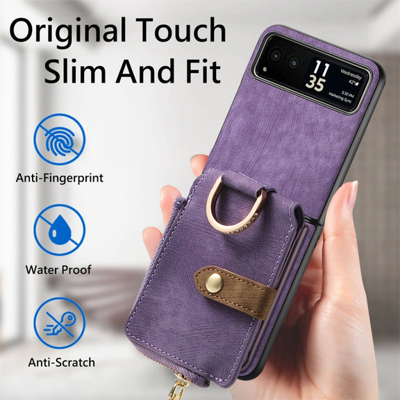 For Motorola Razr 40 Retro Skin-feel Ring Multi-card Wallet Phone Case(Purple)