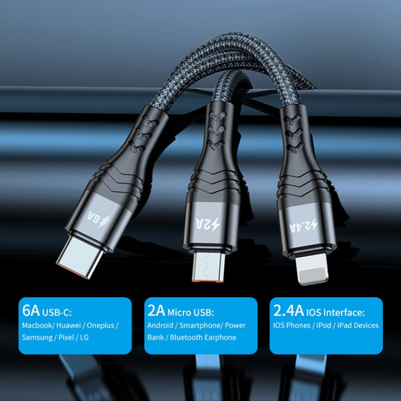 ENKAY 3-in-1 6A USB to Type-C / 8 Pin / Micro USB Multifunction Fast Charging Cable, Cable Length:2m(Grey)