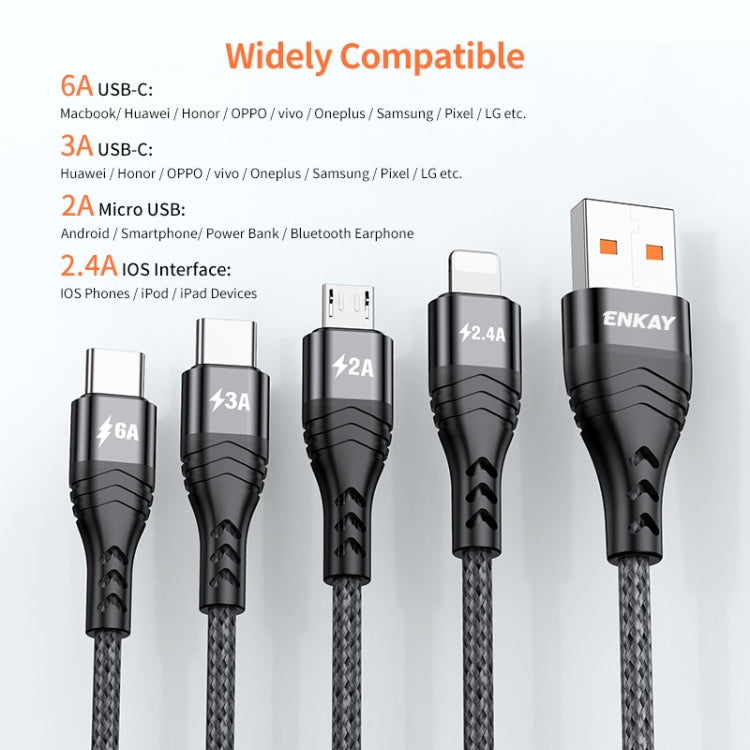 ENKAY 4-in-1 6A USB-A to Type-C / 8 Pin / Micro USB Multifunction Fast Charging Cable, Cable Length:2m(Grey)