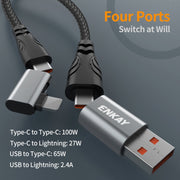 ENKAY PD100W 4-in-1 USB-A / Type-C to Type-C / 8 Pin Multifunction Fast Charging Cable with E-Marker, Cable Length:1m