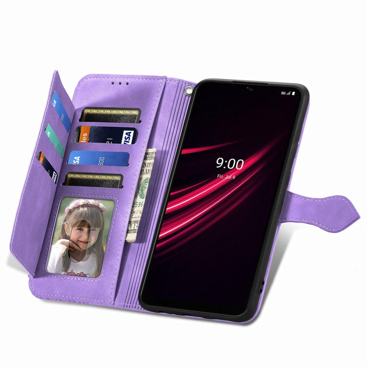 For T-Mobile REVVL V+ 5G Embossed Flower Zipper Leather Phone Case(Purple) - More Brand by PMC TechLife | Online Shopping South Africa | PMC TechLife