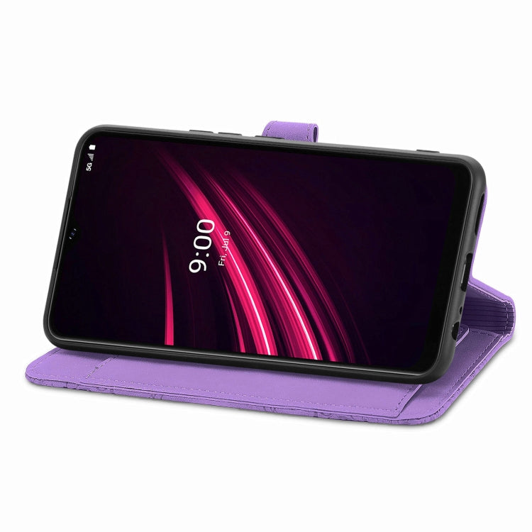 For T-Mobile REVVL V+ 5G Embossed Flower Zipper Leather Phone Case(Purple) - More Brand by PMC TechLife | Online Shopping South Africa | PMC TechLife