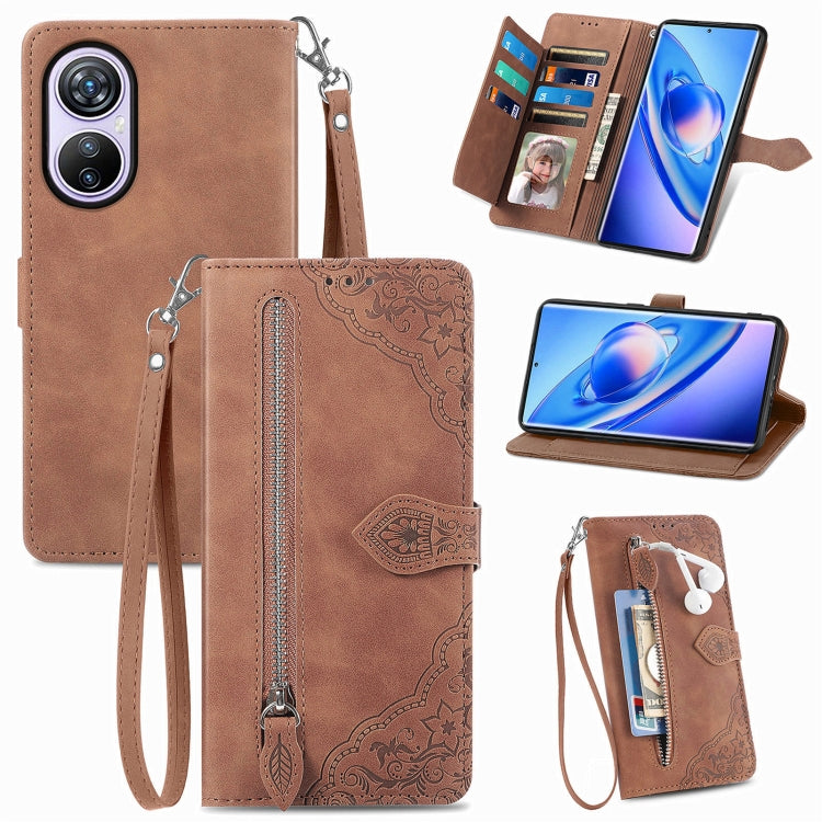 For Blackview A200 Pro Embossed Flower Zipper Leather Phone Case(Brown) - More Brand by PMC TechLife | Online Shopping South Africa | PMC TechLife | Buy Now Pay Later Mobicred