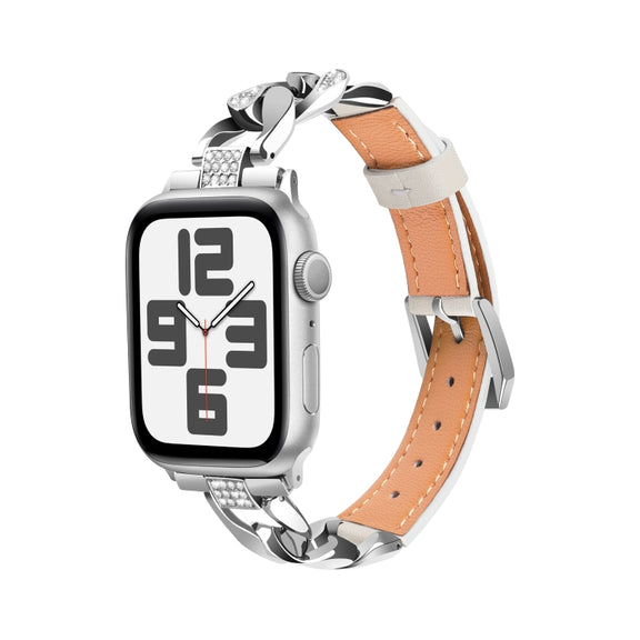 For Apple Watch SE 2023 44mm Rhinestone Denim Chain Leather Watch Band(Beige)