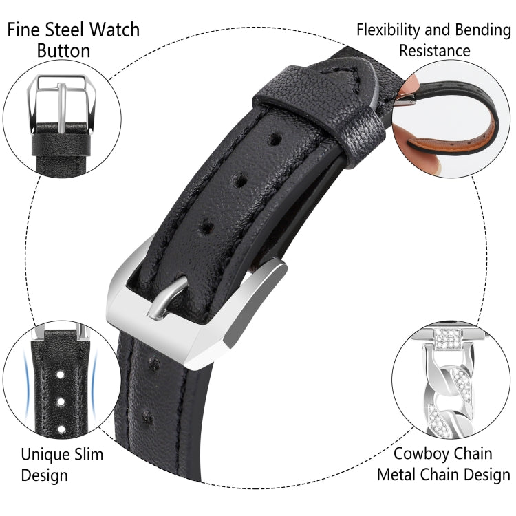 For Apple Watch Series 9 45mm Rhinestone Denim Chain Leather Watch Band(Black)
