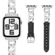 For Apple Watch Series 9 45mm Rhinestone Denim Chain Leather Watch Band(Black)