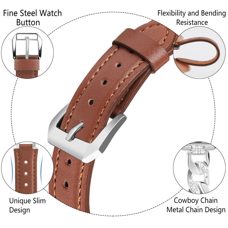 For Apple Watch Series 9 45mm Rhinestone Denim Chain Leather Watch Band(Brown)