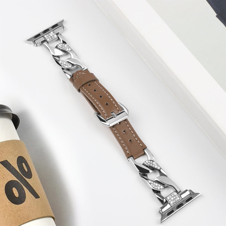 For Apple Watch Series 9 45mm Rhinestone Denim Chain Leather Watch Band(Dark Brown) - Watch Bands by PMC TechLife | Online Shopping South Africa | PMC TechLife | Buy Now Pay Later Mobicred