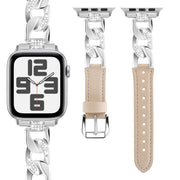 For Apple Watch Series 9 41mm Rhinestone Denim Chain Leather Watch Band(Apricot)