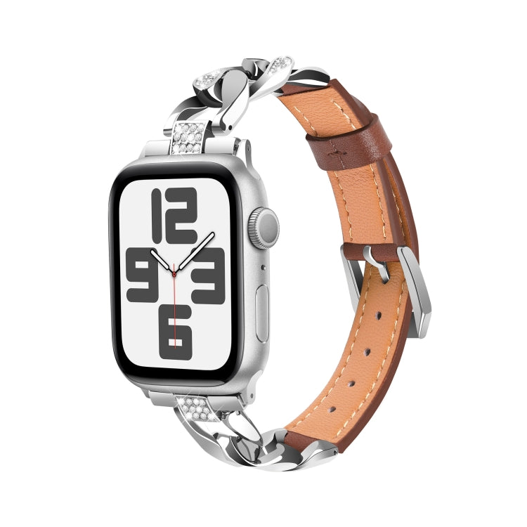 For Apple Watch Series 9 41mm Rhinestone Denim Chain Leather Watch Band(Brown) - Watch Bands by PMC TechLife | Online Shopping South Africa | PMC TechLife