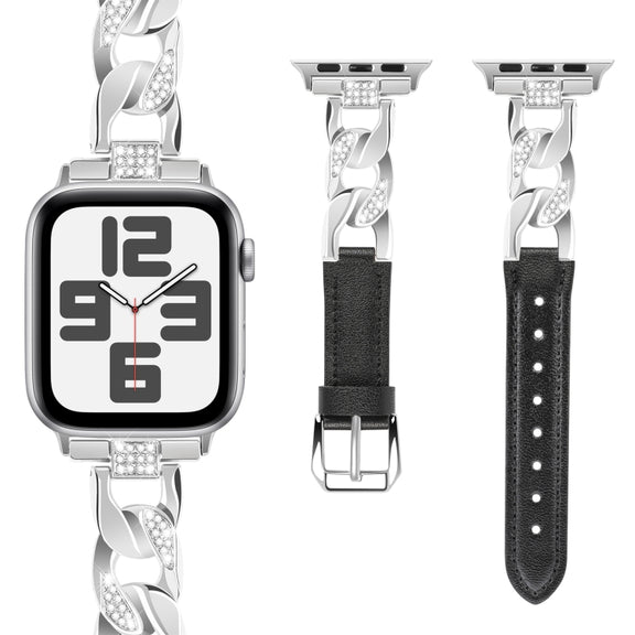 For Apple Watch Ultra 49mm Rhinestone Denim Chain Leather Watch Band(Black)